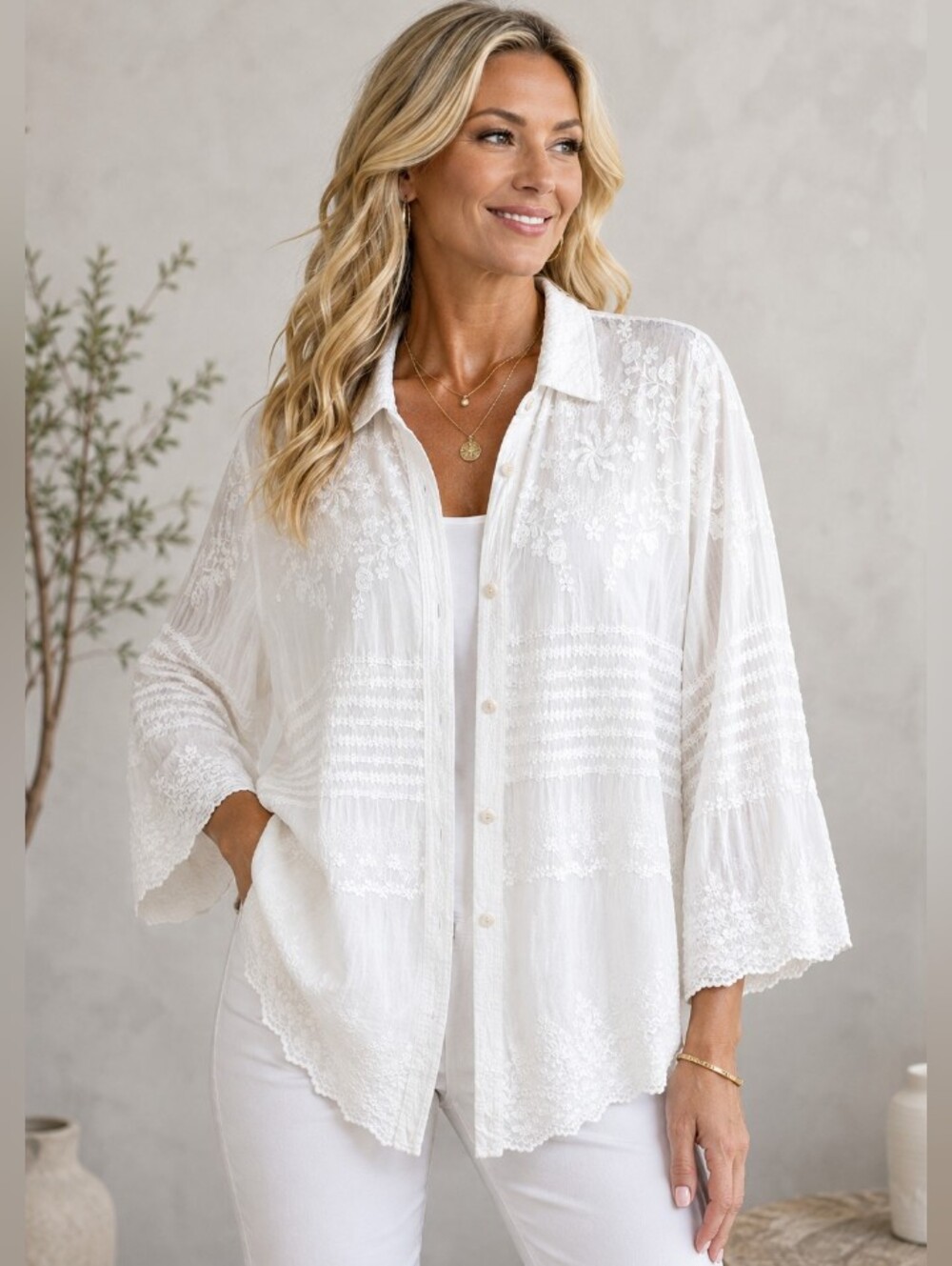 Anthropologie Solitaire White Embroidered Button-Front Blouse Top
